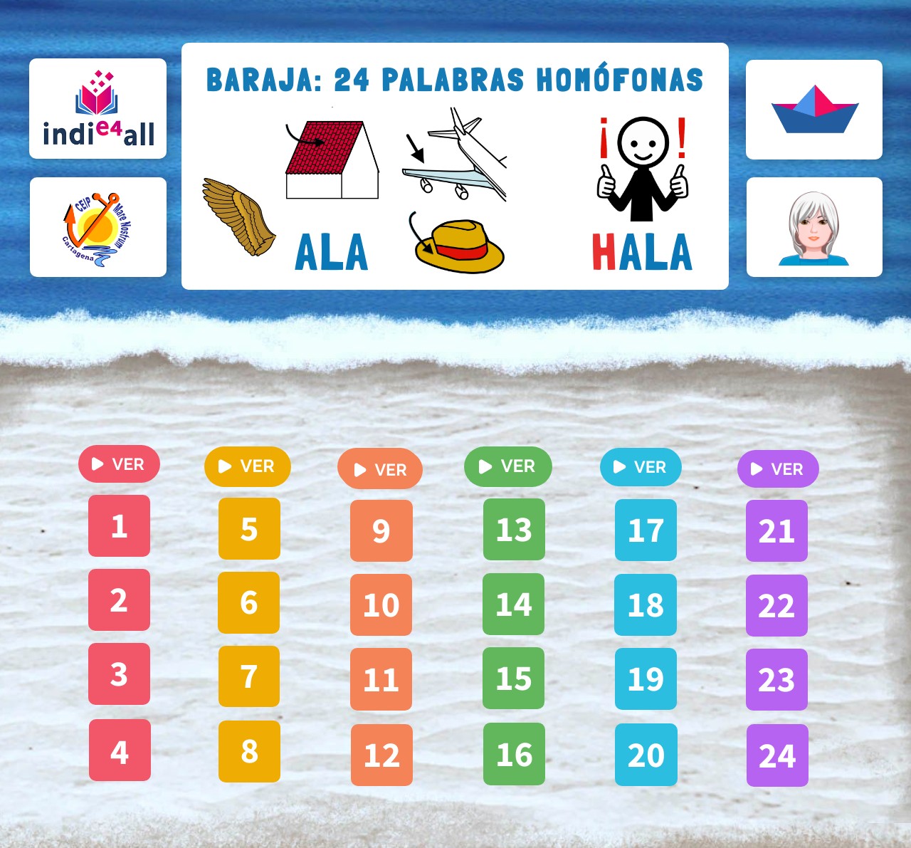 Las 24 palabras que componen la baraja clasificadas en seis grupos de diferente color.