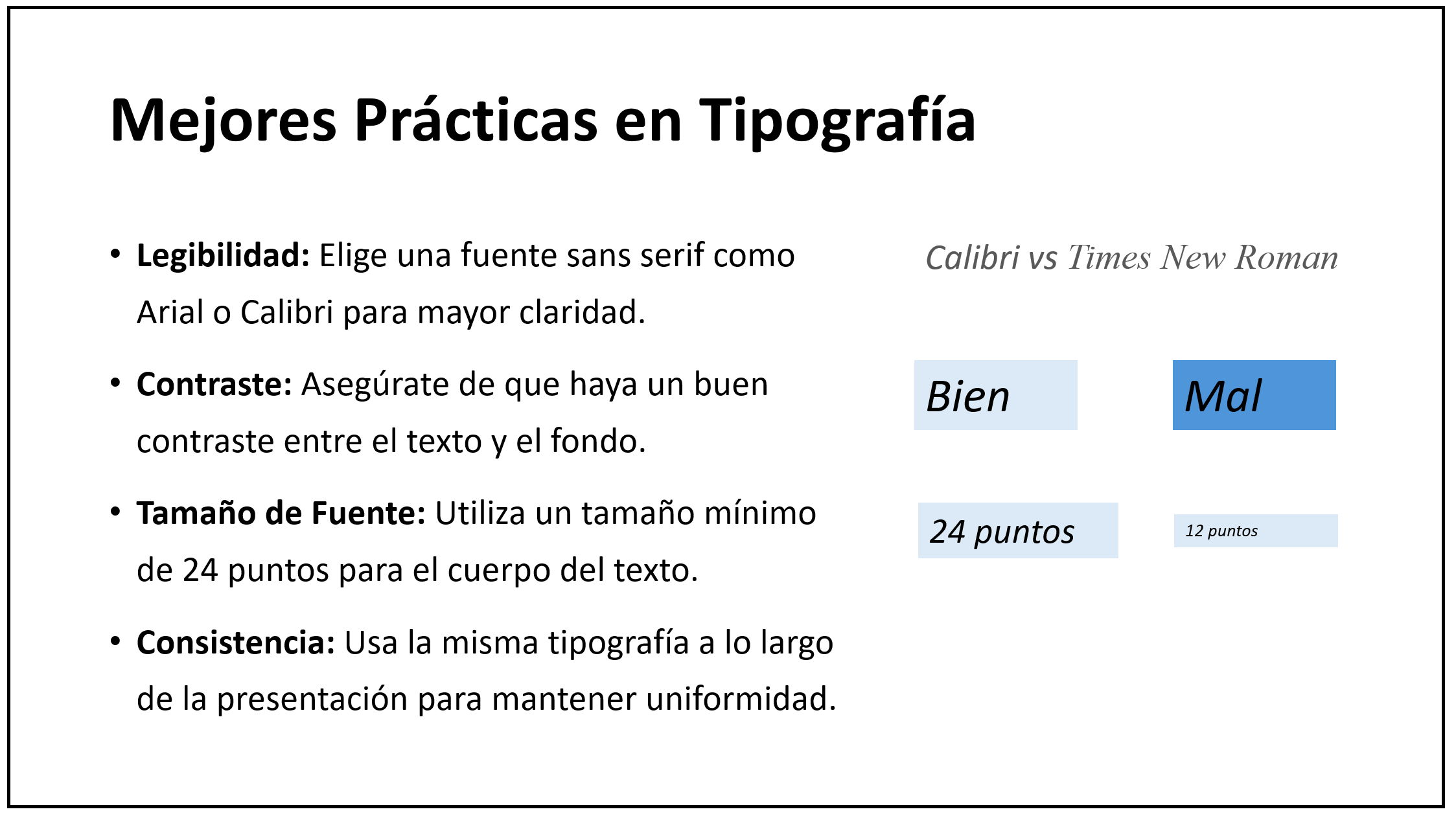 Ejemplo de diapositiva con mejores prácticas sobre tipografía