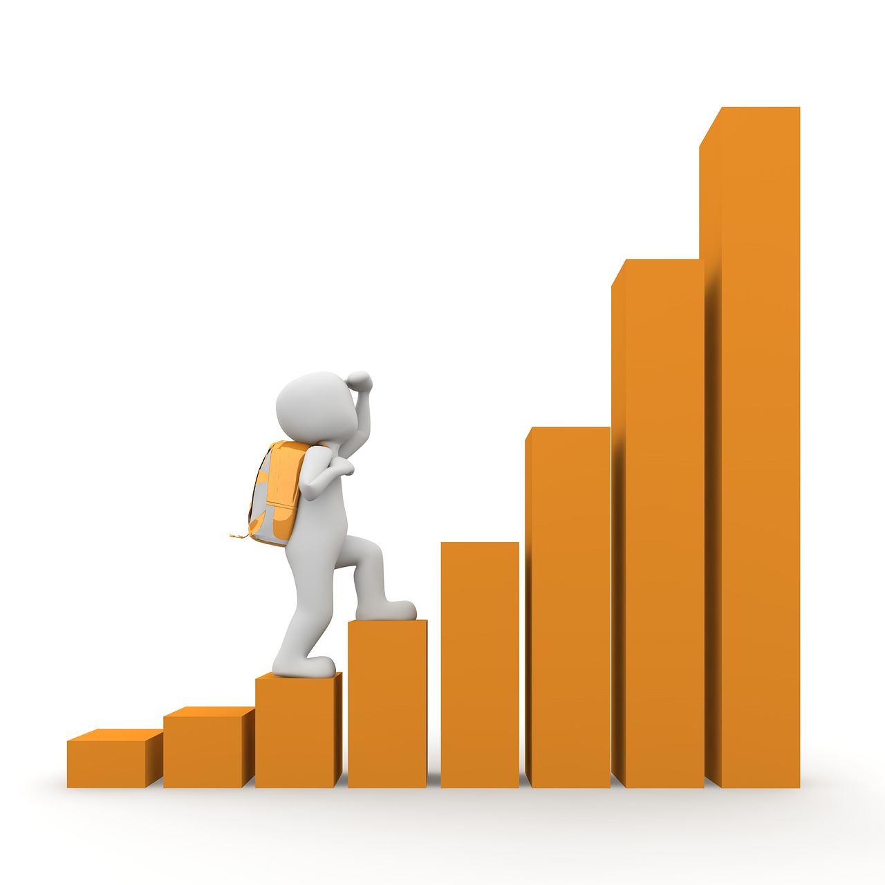 Imagen decorativa que muestra un muñeco escalando un gráfico de barras