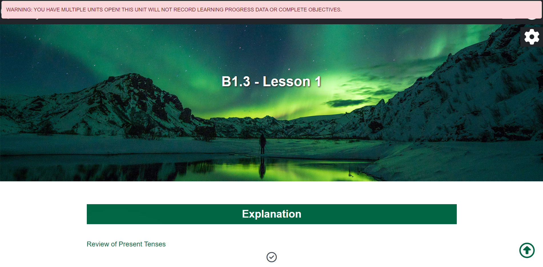 screenshot of a unit showing the message "WARNING: YOU HAVE MULTIPLE OPEN UNITS! THIS UNIT WILL NOT RECORD LEARNING PROGRESS DATA OR COMPLETE OBJECTIVES".