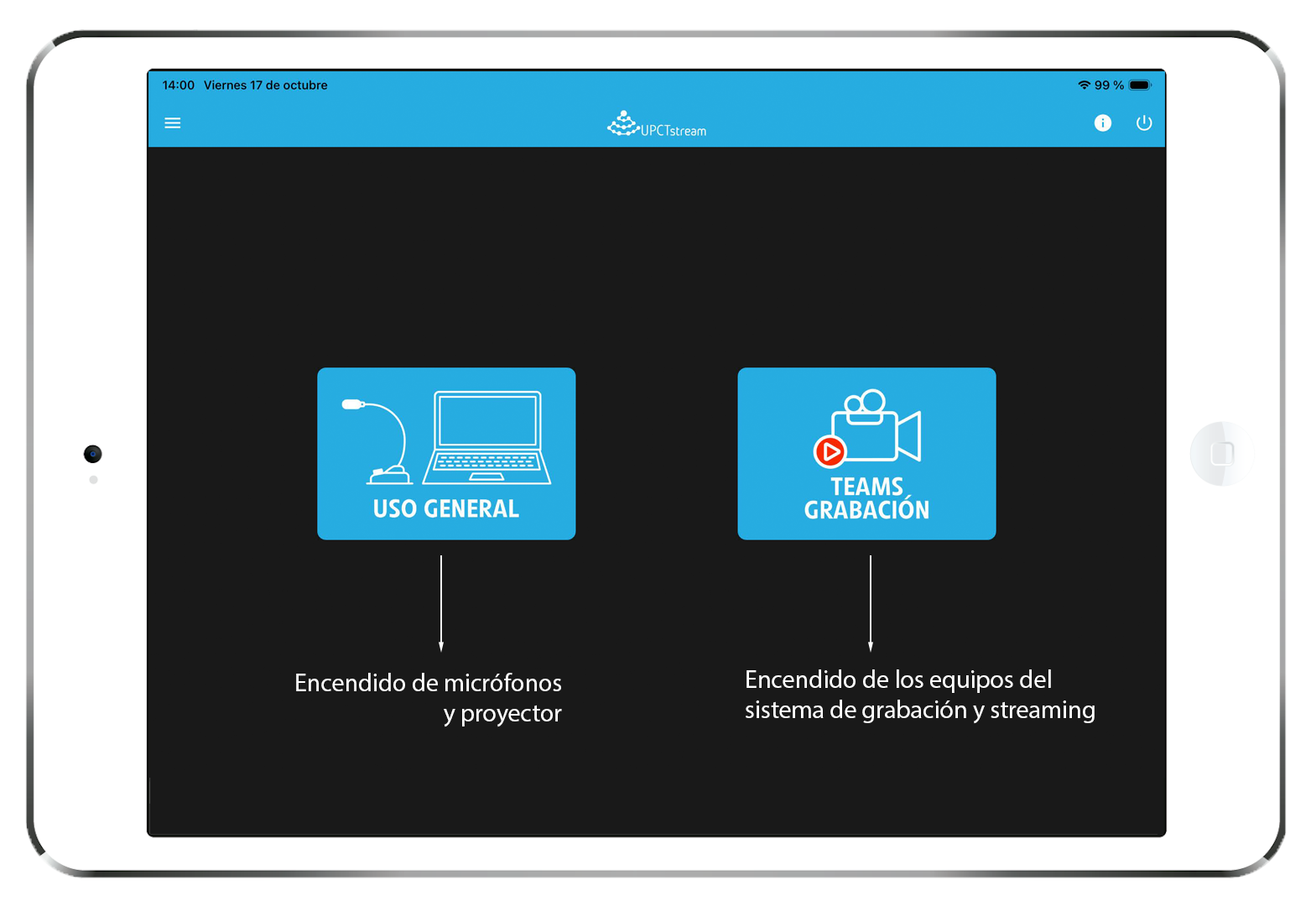captura del sistema de grabación que muestra los botones de encendido de la sala