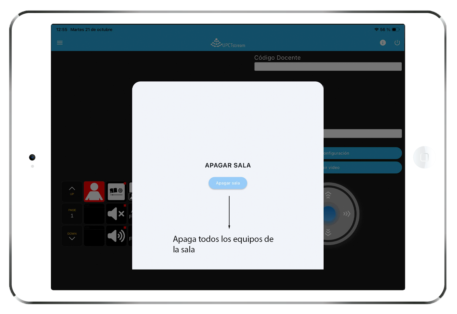 captura del sistema de grabación que muestra los botones de apagado de la sala