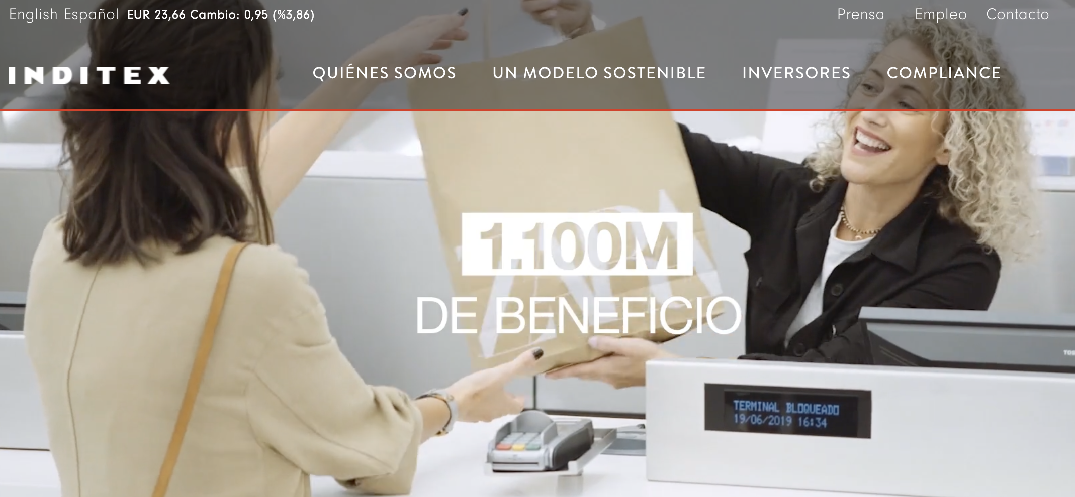 Imagen de la web del grupo INDITEX en la que podemos ver un acceso directo a la sección de empleo