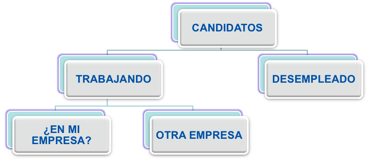 Esquema que parte de Candidatos del que salen dos campos trabajando y desempleado. Del campo trabajando salen dos campos más, en mi empresa y otra empresa.