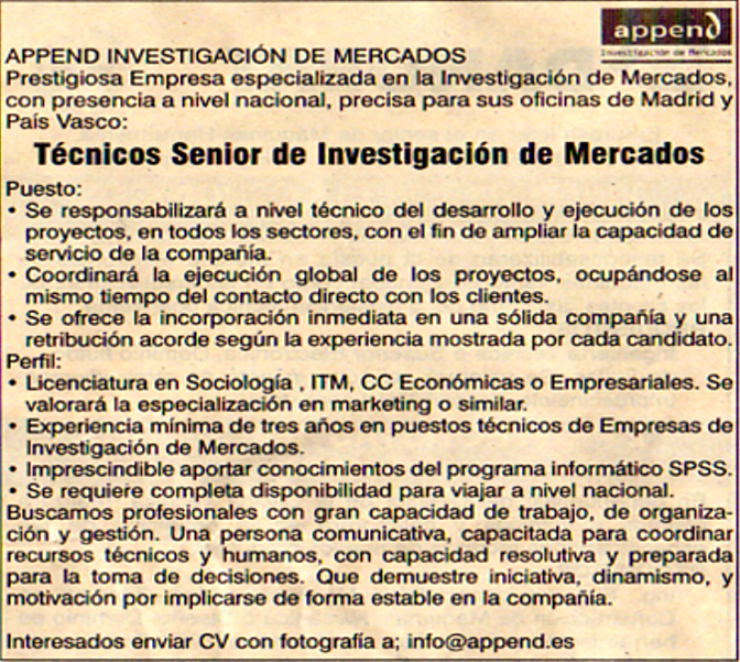 anuncio en prensa de un empleo de técnico senior de investigación de mercados