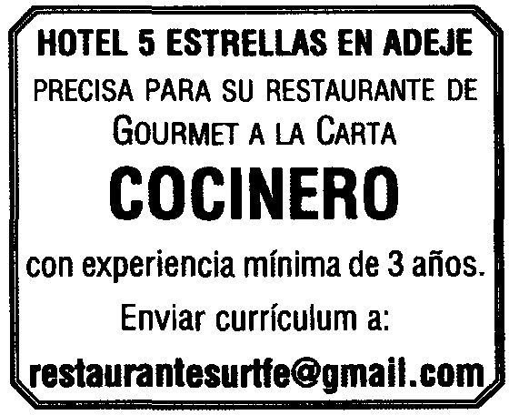 Anuncio en prensa de cocinero para hotel de 5 estrellas