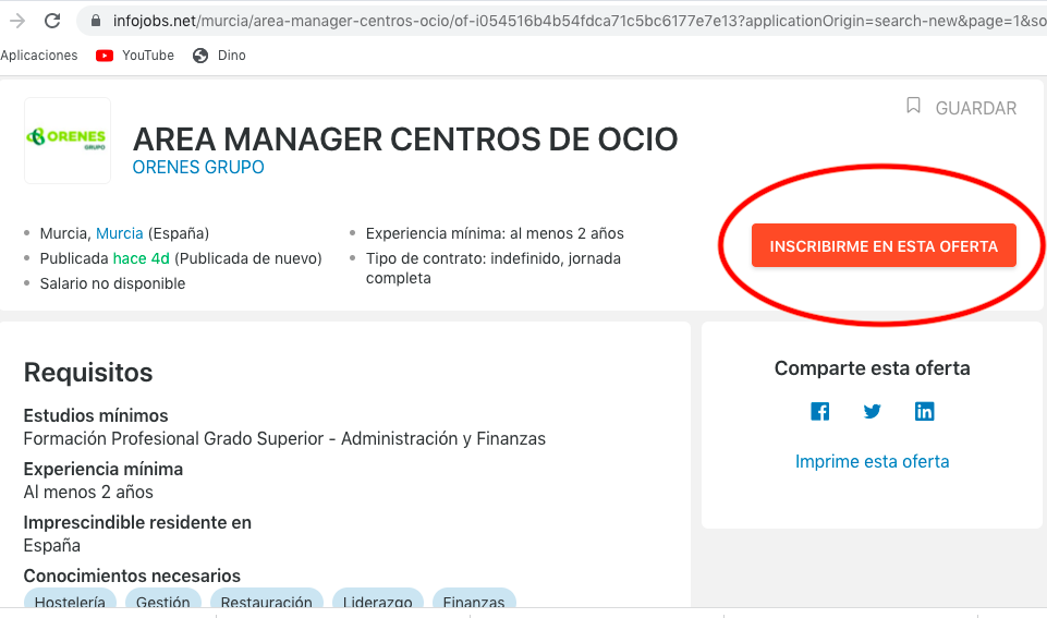 Oferta de empleo en la web del grupo Orenes. Se trata de una oferta para manager de centros de ocio y muestra mucha información sobre los requisitos del puesto