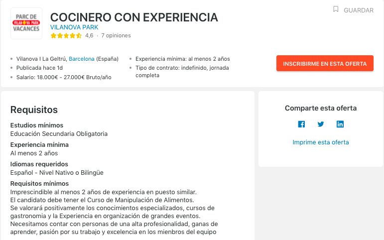 Oferta publicada en internet que busca cocinero con experiencia. Aparece información sobre el lugar de trabajo, dirección, salario, tipo de contrato, requisitos mínimos, etc.