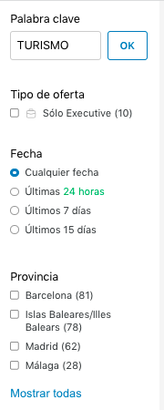 Muestra el sistema de filtros de una web de empleo. En este caso usa palabra clave turismo y cualquier fecha de ofertas de empleo.