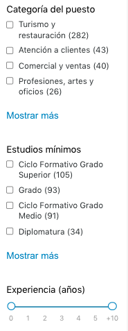 Muestra el sistema de filtros de una web de empleo. Se puede elegir filtros de diferentes niveles de categoría del puesto y diferentes niveles de estudios mínimos.
