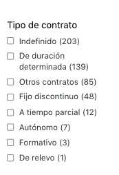 Muestra el sistema de filtros de una web de empleo. Se pueden poner filtros para seleccionar el tipo de contrato entre indefinido, parcial, autónomo, etc.