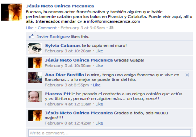 En el perfil de facebook de una compañía de teatro aparece un mensaje en el que buscan un actor francés nativo que hable catalán. Y solicitan a sus contactos que compartan la publicación.