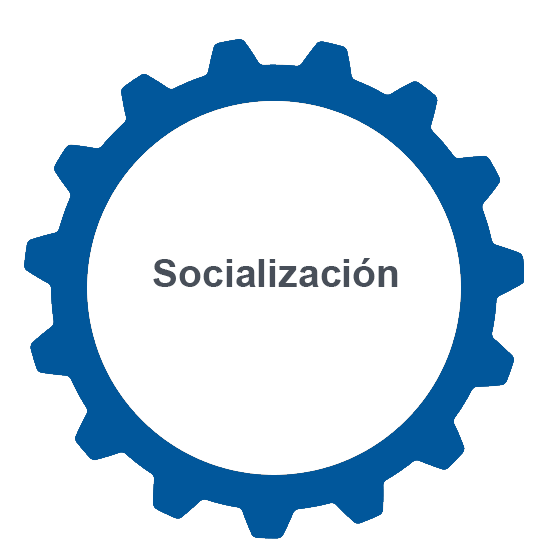 Rueda dentada en la que aparece la palabra socialización