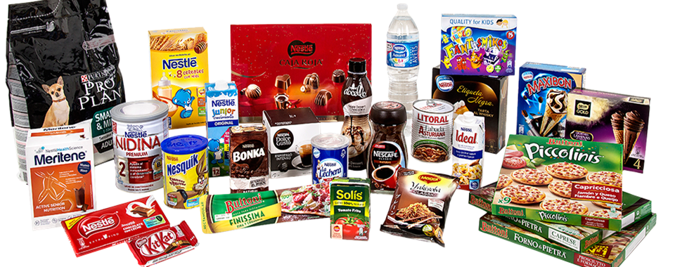 Numerosos productos del grupo NESTLE. Cada uno de ellos tiene su propio nombre comercial como fabada litoral, pizza piccolinis, helados maxibon, nesquik, kitkat, comida para perros prolan, nescafé, bonka, leche para biberones.