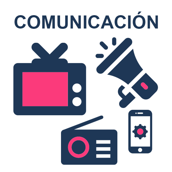 Palabra comunicación y debajo las imágenes de un televisor, una radio, un móvil y un megáfono.