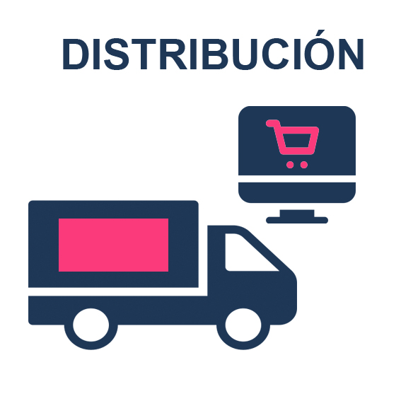 Palabra Distribución y debajo dos dibujos: un camión y una pantalla de ordenador