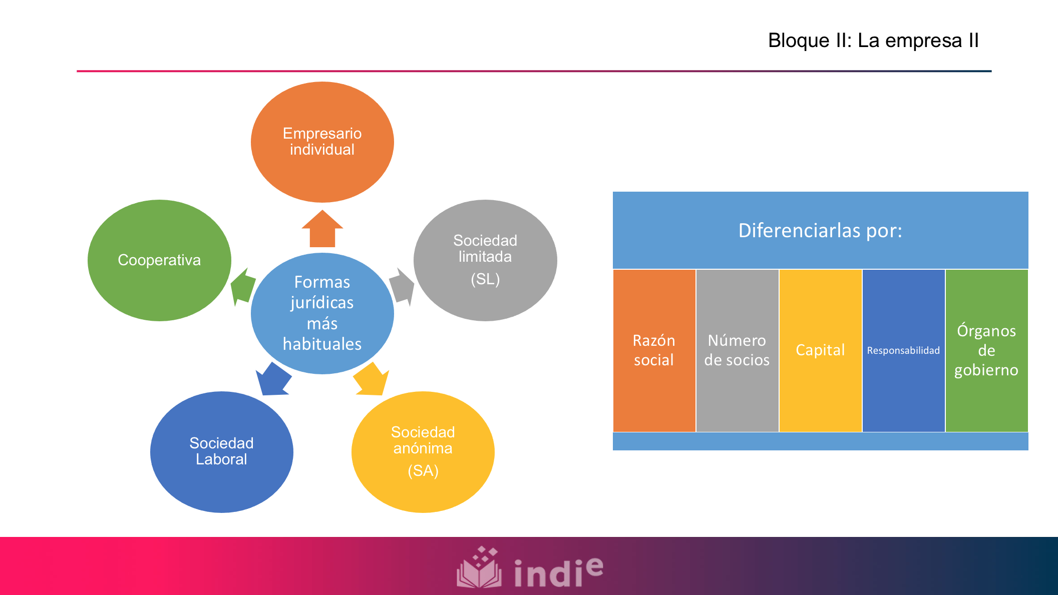 En este mapa conceptual aparecen dos esquemas: uno a la izquierda y otro a la derecha. En el de la izquierda, se indica en el centro “formas jurídicas más habituales”. Y de ahí salen las 5 forma jurídicas más habituales que son: empresario individual, sociedad limitada (SL), sociedad anónima (SA), sociedad laboral, y cooperativa. El esquema de la derecha es un cuadro donde se indica cómo diferenciar esas formas jurídicas de acuerdo a cinco criterios que aparecen en cinco columnas y son: razón social, número de socios, capital, responsabilidad, y órganos de gobierno.