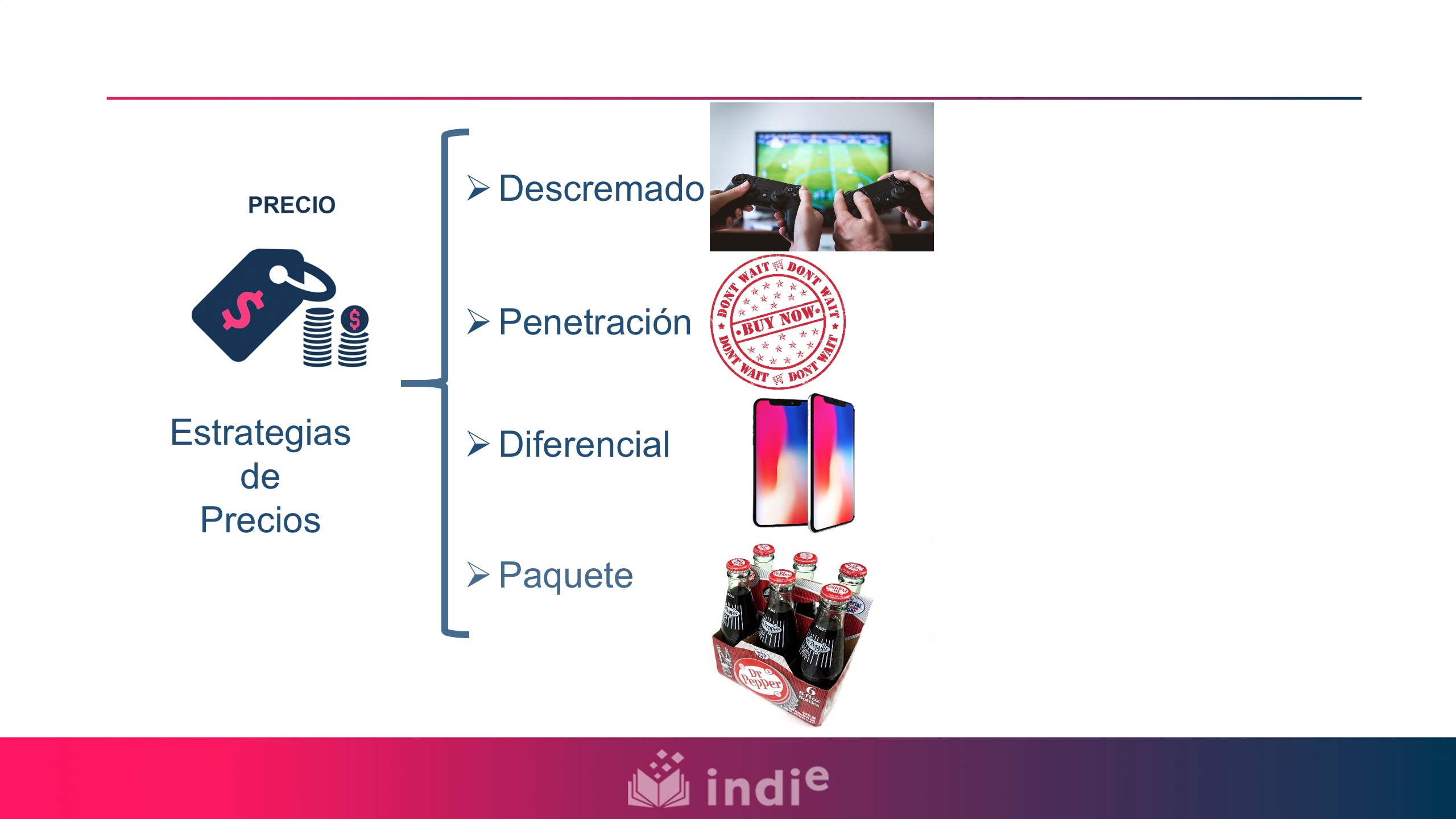 Las estrategia de precio son: descremado, penetración, diferencial y paquete.