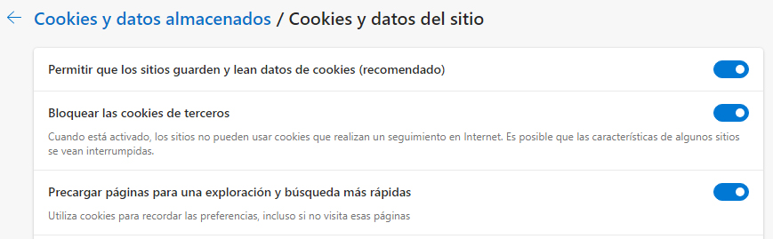 Configuración de cookies Microsoft Edge