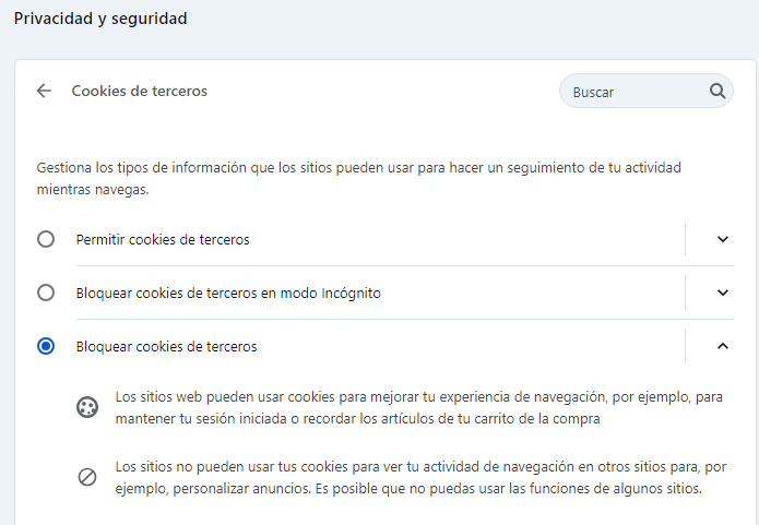 Configuración de cookies opera