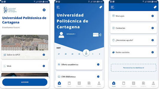 Pantallas de la app de la UPCT